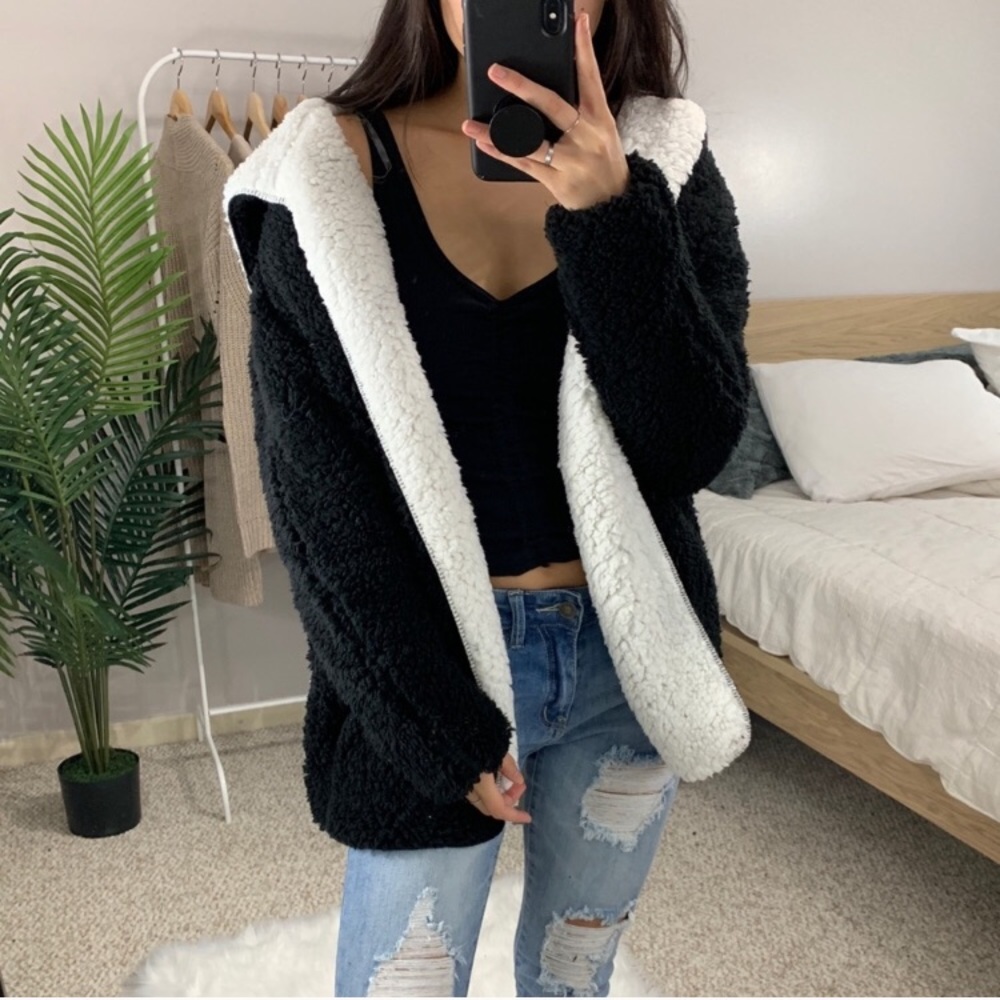 Reversible teddy bear faux fur sherpa jacket